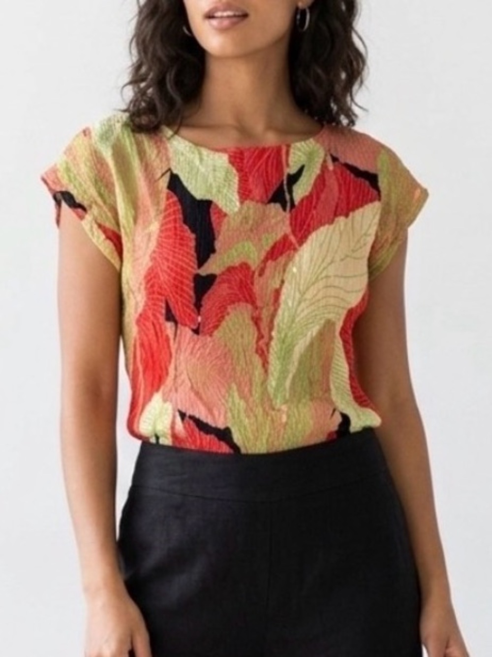 Y2K VTG Alberto Makali Crinkle Plisse Leaves Tropical Blouse Top Medium Vacation